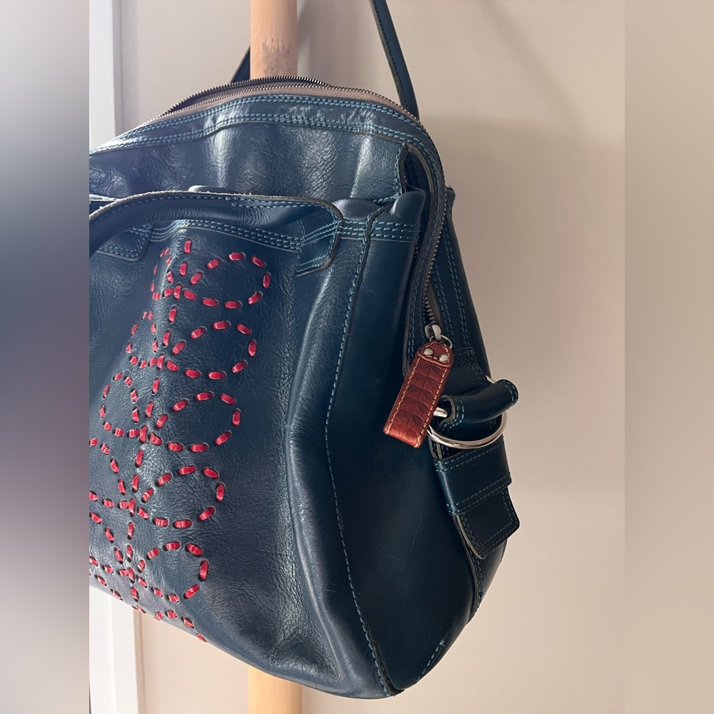 Orla Kiely large blue leather satchel purse tote red embroidery flower - Picture 4 of 14
